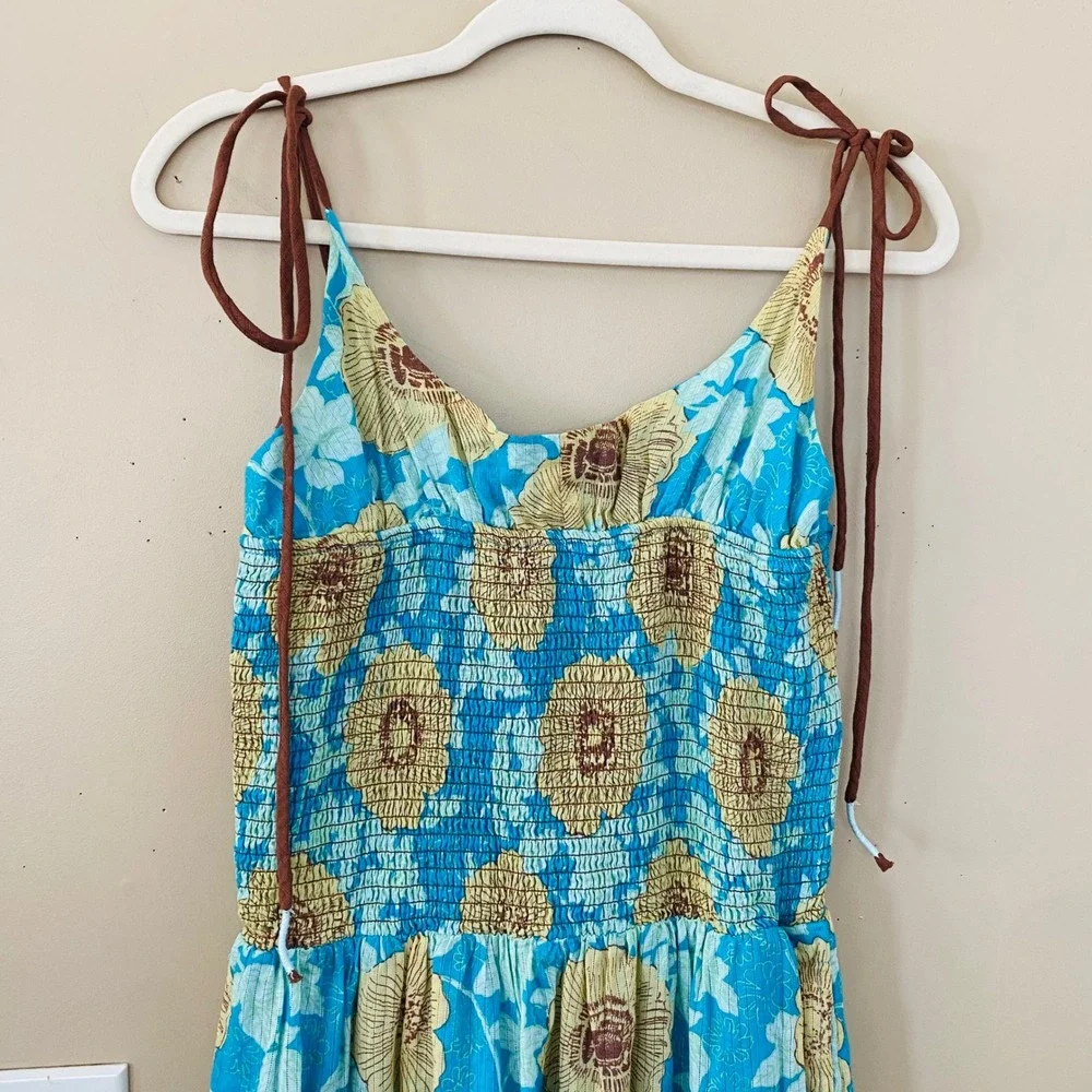 Free People NWT‎ Adriel Tie Strap Tiered Hawaiian Ocean Combo Midi Dress Size M
